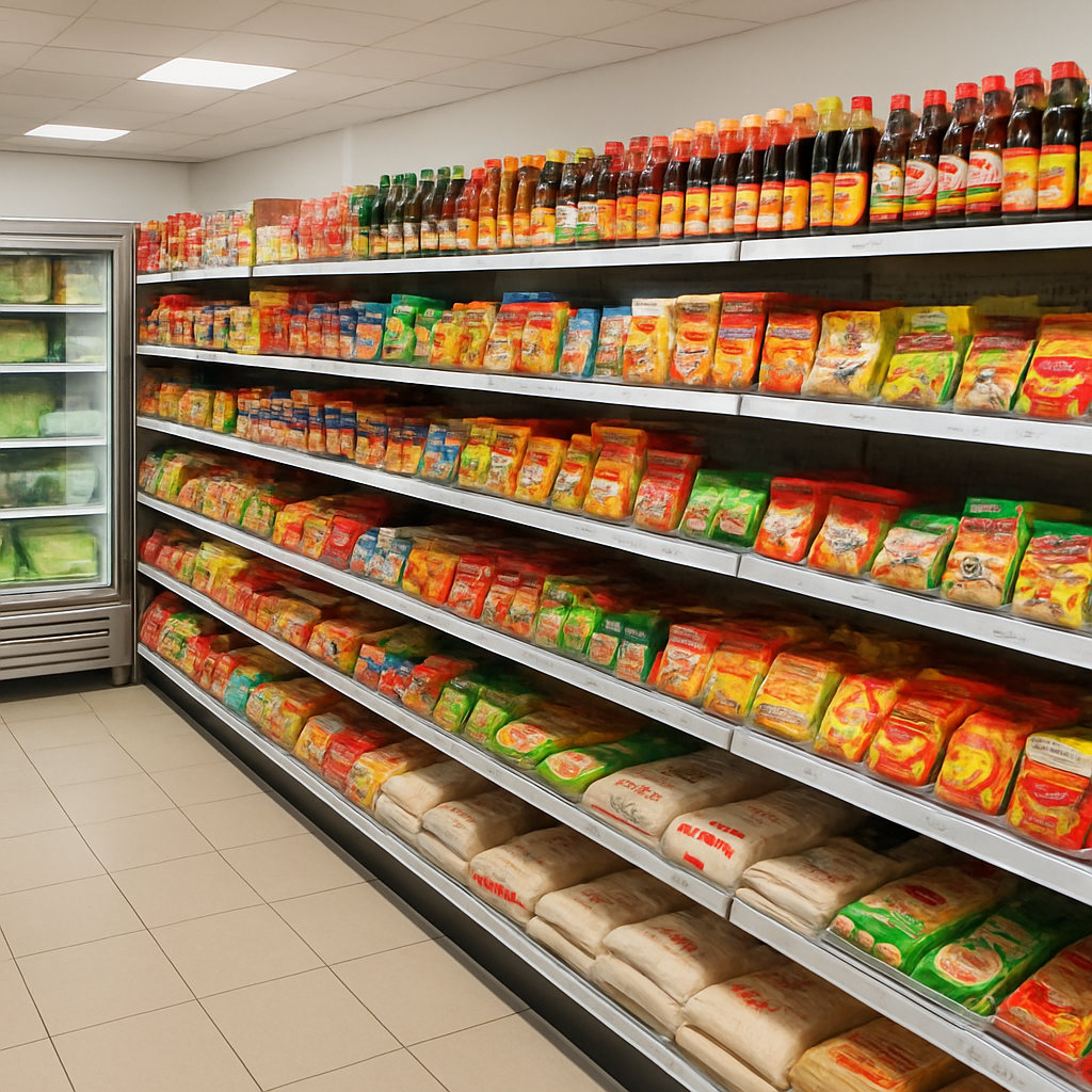 Inside TH Asian Grocery store showing shelves stocked with Asian pantry products
