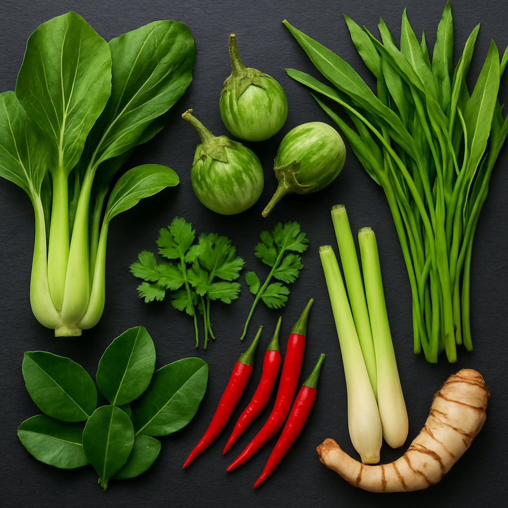 Fresh Asian vegetables and herbs including bok choy, lemongrass, and chillies