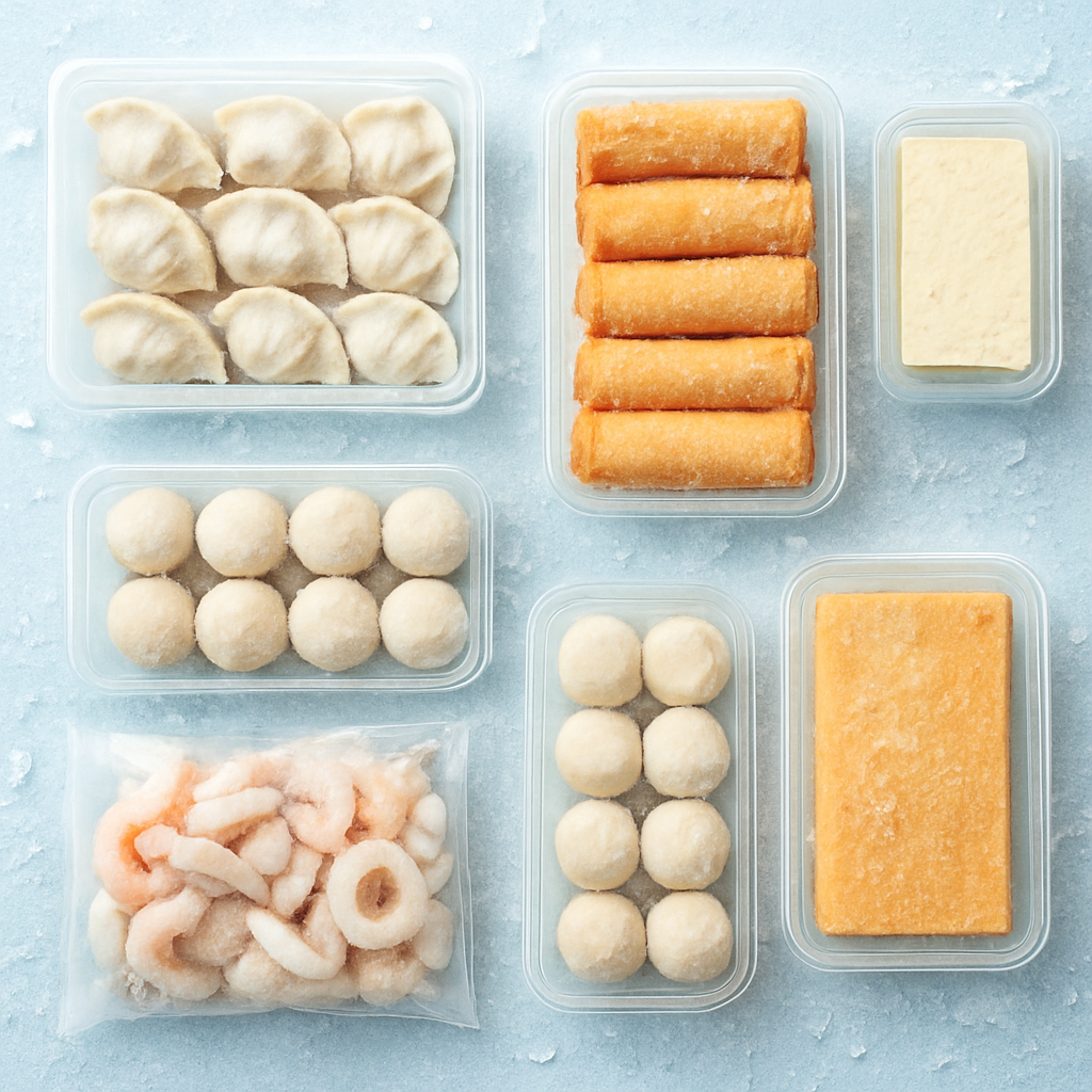 Frozen Asian goods including dumplings, fish balls, and spring rolls