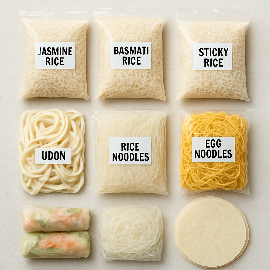 Bags of jasmine rice and various dried Asian noodles