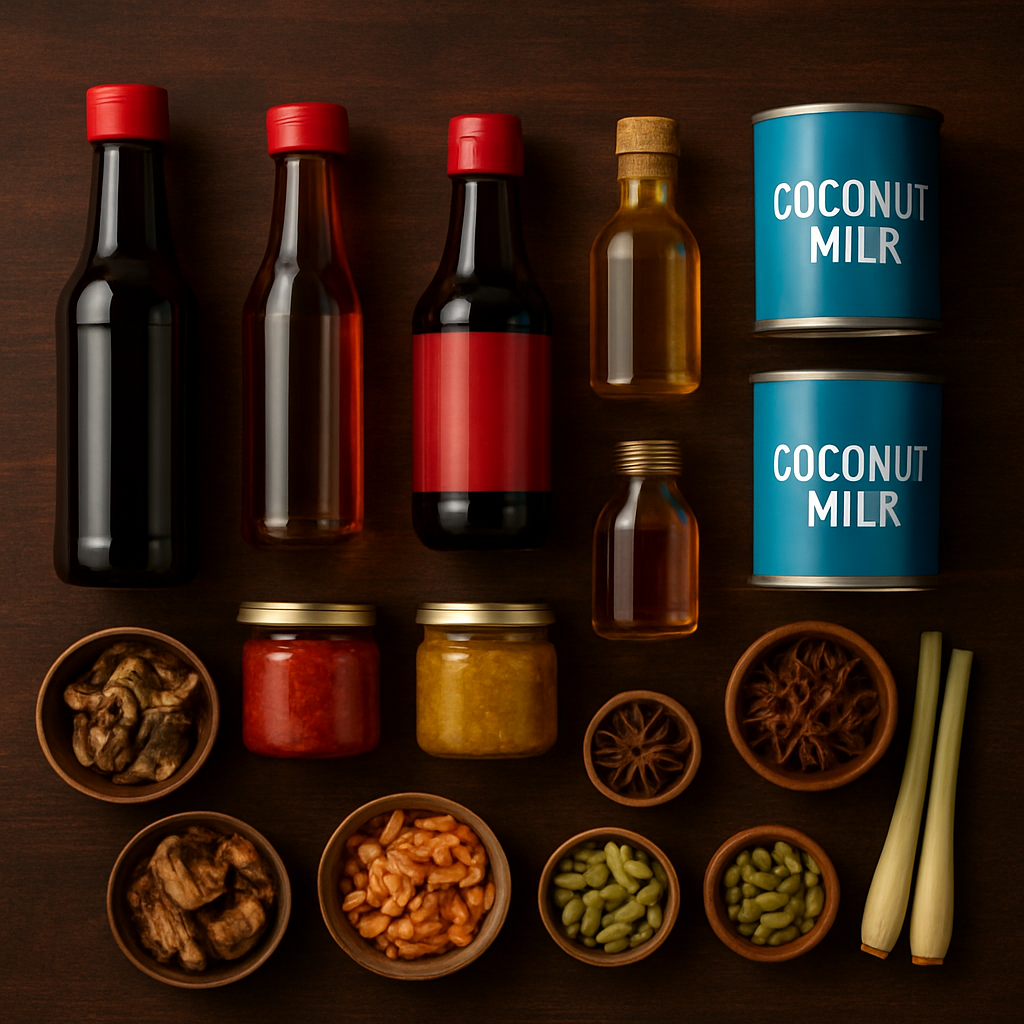 Asian pantry essentials including soy sauce, fish sauce, and curry pastes