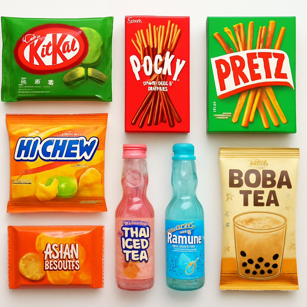 Colourful Asian snacks and drinks including Pocky, Ramune and matcha items